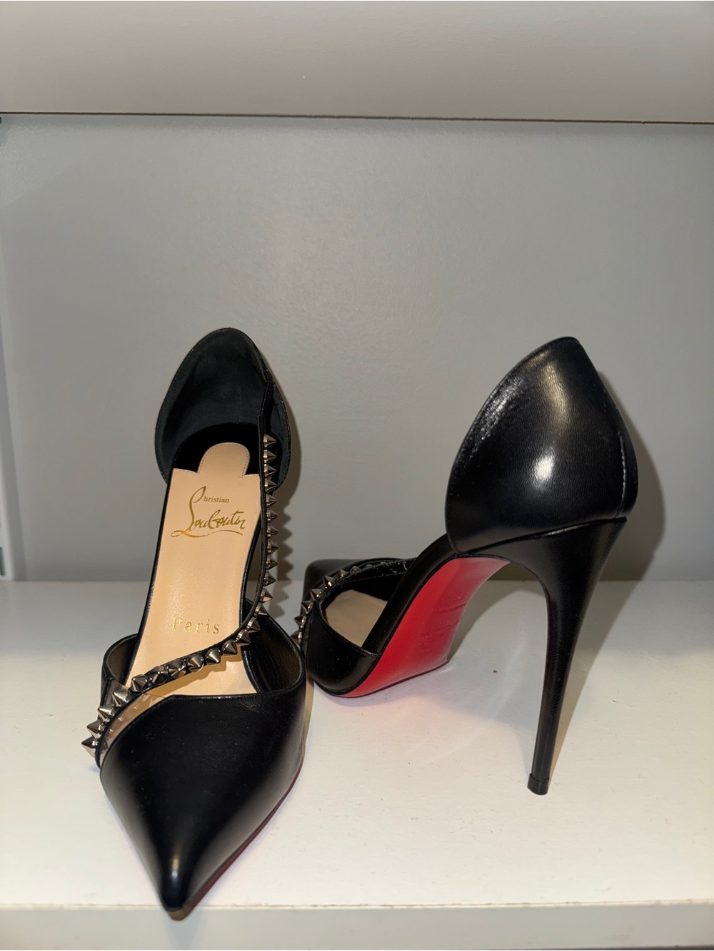 Christian Louboutin Black Leather Studded D'Orsay Pumps with Red Soles